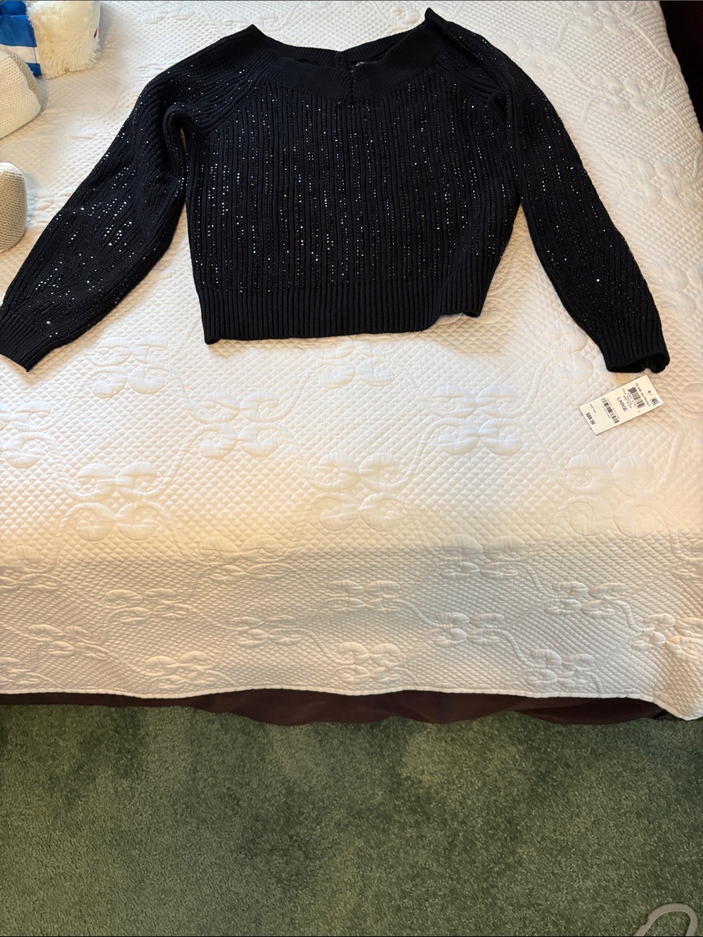 INC International Concepts Black Off-Shoulder Ribbed Sparkle Sweater